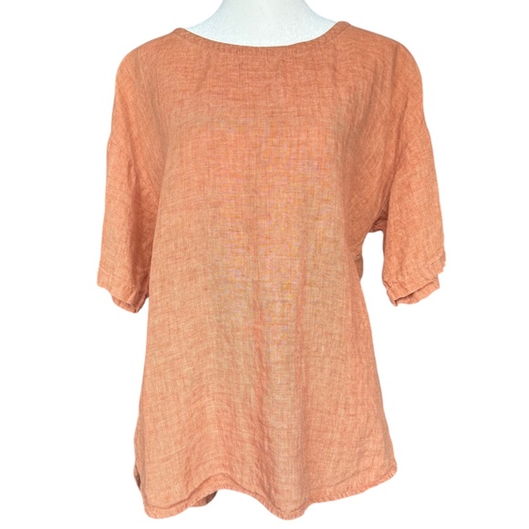 Eileen Fisher Orange Short Sleeve 100% Linen Top Sz M - Picture 1 of 6